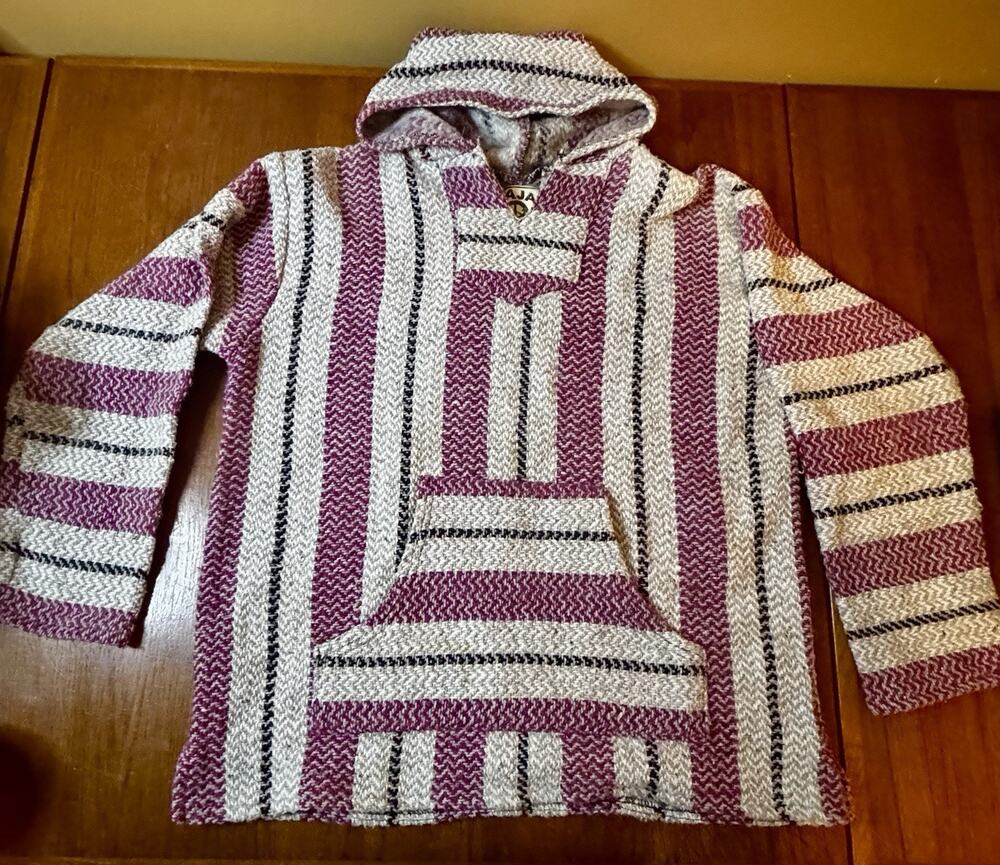 Pullover Hoodie Mens Size L/XL Mexican Blanket Hoodie Striped Surf Skate